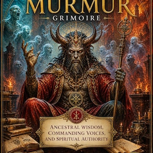 Peut inclure: Couverture de livre fantastique avec le titre "DEMON MURMUR GRIMOIRE". L'image présente un démon cornu en robe rouge, tenant un bâton, avec le texte "ANCESTRAL WISDOM, COMMANDING VOICES, AND SPIRITUAL AUTHORITY". L'arrière-plan est une scène gothique sombre.
