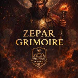 May include: Digital artwork featuring a regal figure with a crown, holding a glowing orb staff. The image has a dark, fiery background with the text "ZEPAR GRIMOIRE" and a crest that reads "TERRA INCOGNITA ACADEMY". The color palette is dominated by reds, oranges, and golds.