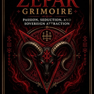 May include: A black book cover titled Demon ZEPAR GRIMOIRE PASSION, SEDUCTION, AND SOVEREIGN ATTRACTION BY MASTER TEACHER RHYAN HYROC TERRA INCOGNITA ACADEMY. The cover features a central red goat head emblem inside a triangle and circular sigils.