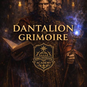 May include: Digital artwork featuring a figure with multiple faces, horns, and a long beard, holding a staff and an open book. The text "DANTALION GRIMOIRE" is displayed in gold, with the "Terra Incognita Academy" logo below.