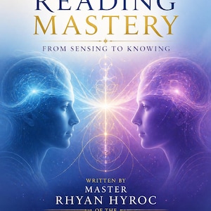 Peut inclure: Une couverture de livre intitulée Mind Reading Mastery: From Sensing to Knowing, écrite par Master Rhyan Hyroc de la Terra Incognita Academy. La couverture présente deux profils se faisant face, l'un en bleu et l'autre en violet, avec des motifs lumineux.
