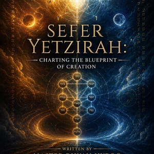 Könnte beinhalten: Buchcover für "Sefer Yetzirah: Charting the Blueprint of Creation". Das Design zeigt einen geteilten Hintergrund in Orange und Blau mit himmlischen und geometrischen Elementen. Der Text enthält den Titel, den Autor und den Namen der Akademie.