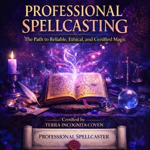 May include: An open book with glowing energy emanating from its pages, surrounded by magical items like a candle, crystal ball, and scales. The text reads "PROFESSIONAL SPELLCASTING" and "The Path to Reliable, Ethical, and Certified Magic."