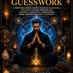 Può includere: Copertina di un libro con il testo "HEAL WITH PRECISION, NOT GUESSWORK". L'immagine presenta un uomo che medita, circondato da candele e simboli mistici. Il libro promette un corso basato su protocolli per la stabilizzazione emotiva e mentale.