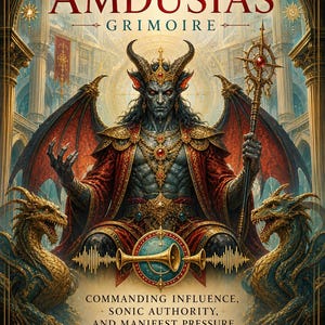 Può includere: Opera d'arte digitale di un demone intitolata "Demon Amdusias Grimoire". L'immagine presenta una figura demoniaca con corna, ali e una corona, che tiene in mano un bastone. L'opera d'arte include il testo "Commanding Influence, Sonic Authority, and Manifest Pressure."