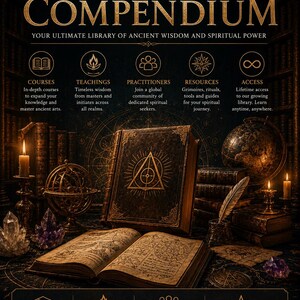 May include: A promotional poster for Terra Incognita Academy Compendium featuring a central book with a gold triangle symbol, surrounded by candles, crystals, a globe, and an open book with intricate diagrams. Text includes course details, statistics, and website.