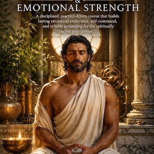 Può includere: Una copertina di libro intitolata SPIRITUAL RESILIENCE & EMOTIONAL STRENGTH con una persona dai capelli scuri e la barba che indossa una toga color crema, seduta in posizione meditativa. Il testo include RHYAN HYROC, MASTER TEACHER, TERRA INCOGNITA ACADEMY.