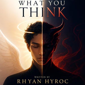 Pode incluir: Uma capa de livro intitulada DEMONS ARE NOT WHAT YOU THINK por RHYAN HYROC, MASTER OF TERRA INCOGNITA ACADEMY. A figura central é dividida entre um lado claro com halo e asa, e um lado escuro com um chifre e fumaça vermelha, com ícone de bússola.