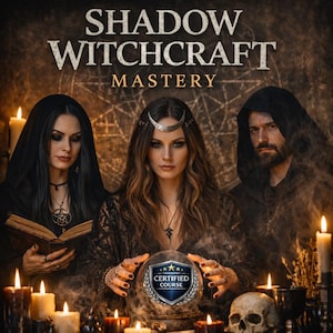 Może przedstawiać: Cyfrowa grafika zatytułowana SHADOW WITCHCRAFT MASTERY przedstawiająca trzy osoby w ciemnych szatach z kapturami. Centralna postać nosi srebrne nakrycie głowy w kształcie półksiężyca i trzyma kryształową kulę z emblematem tarczy CERTIFIED COURSE.