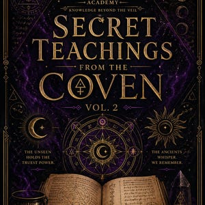 May include: A book cover titled Secret Teachings From The Coven Vol. 2 by Master Rhyan Hyroc. The dark purple and black design features gold celestial symbols, an open book with ancient script, a small cauldron, and a crystal on a dark background.