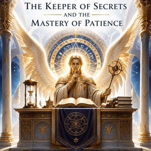 May include: Book cover with the title "ACHAIAH" and the subtitle "The Keeper of Secrets and the Mastery of Patience." The image features an angel-like figure with large wings, holding a staff and a finger to their lips. The author's name is "RHYAN HYROC."