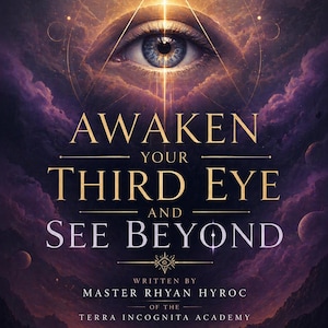 Può includere: Una copertina di libro intitolata AWAKEN YOUR THIRD EYE AND SEE BEYOND, scritta da Master Rhyan Hyroc della Terra Incognita Academy. Il design presenta un grande occhio umano dettagliato centrato in un triangolo luminoso su un cielo cosmico viola.