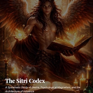 May include: Digital art of a winged figure with horns, holding a glowing orb and an open book. The title "The Sitri Codex" is displayed, along with text describing the book's subject matter. Candles and other objects are in the foreground.