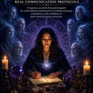 May include: A book cover titled Hear Them Clearly: Real Communication Protocols by Rhyan Hyroc. It features a person writing in a book, surrounded by ghostly figures, candles, a purple crystal ball, and various crystals against a dark background.