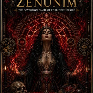 May include: A book cover with the title "Eisheth Zenumim" and the subtitle "The Sovereign Flame of Forbidden Desire." The image features a woman in a crown, surrounded by occult symbols and flames. The author's name, Rhyan Hyroc, is also displayed.