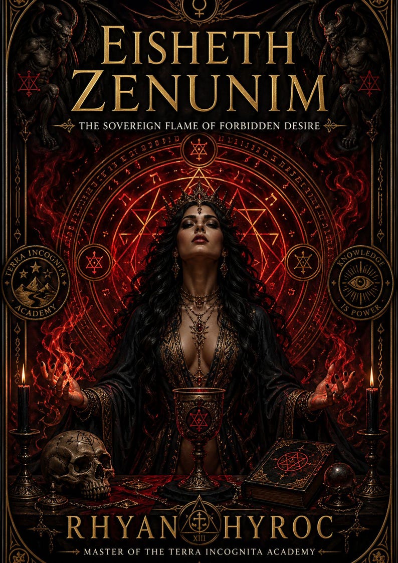May include: A book cover with the title "Eisheth Zenumim" and the subtitle "The Sovereign Flame of Forbidden Desire." The image features a woman in a crown, surrounded by occult symbols and flames. The author's name, Rhyan Hyroc, is also displayed.