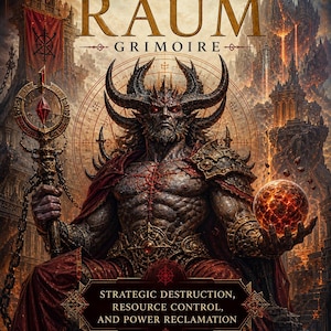 Könnte beinhalten: Ein Buchcover mit dem Titel Demon Raum Grimoire zeigt eine gehörnte, muskulöse Figur in dunkler Rüstung, die einen Stab mit einem roten Kristall und eine leuchtende Kugel hält. Der Text umfasst Strategic Destruction, Resource Control, and Power Reclamation.