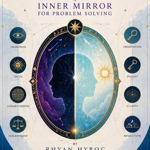 May include: A book cover for a self-analysis course. The design features a central oval with two mirrored human profiles, one in purple and the other in blue. Text includes "Inner Mirror for Problem Solving" and the author's name, Rhyan Hyroc.