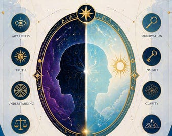May include: A book cover titled Self-Analysis Course Inner Mirror for Problem Solving by Rhyan Hyroc. The central oval features a dual-toned silhouette of a head, half dark and half light, surrounded by eight circular icons labeled Awareness, Truth, Understanding, Discernment, Observation, Insight, Clarity, and Resolution.