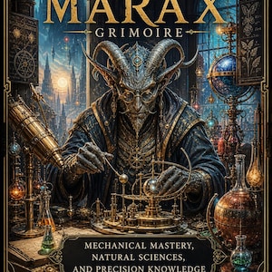 May include: A detailed book cover illustration with the title "DEMON MARAX GRIMOIRE" in gold. It depicts a horned figure in a dark robe, surrounded by scientific instruments and a cityscape. The text below reads "MECHANICAL MASTERY, NATURAL SCIENCES, AND PRECISION KNOWLEDGE."