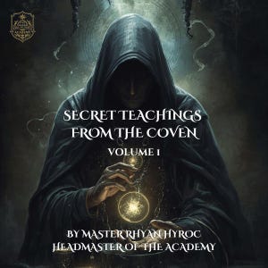 May include: An illustration of a robed figure holding a glowing orb, with the text "SECRET TEACHINGS FROM THE COVEN VOLUME I" and the author's name. The image has a dark, mystical theme with a detailed background.