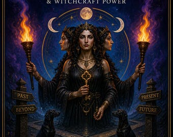 May include: A book cover titled GREEK GODDESS HECATE GRIMOIRE CROSSROADS, PROTECTION & WITCHCRAFT POWER by Master Teacher Rhyan Hyroc. It features a three-faced figure holding torches and a key, flanked by two black dogs and signposts labeled Past, Beyond, Present, Future.