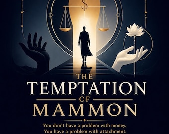 May include: A book cover titled The Temptation of Mammon by Rhyan Hyroc. The design features a silhouette walking toward a glowing keyhole with a dollar sign and scales, flanked by a hand holding a lotus and a crown and diamond icon above.