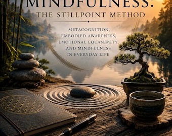 May include: A book cover titled Mindfulness: The Stillpoint Method by Rhyan Hyroc. The image features a zen garden with stacked stones, a bonsai tree, a tea cup, a notebook, and a pen against a backdrop of a lake and mountains.
