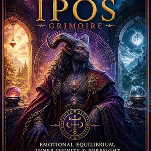 May include: A book cover titled Demon Ipos Grimoire featuring a dark-skinned, horned figure in purple robes. The design includes celestial symbols, a central sigil, and text reading Emotional Equilibrium, Inner Dignity & Foresight by Rhyan Hyroc.