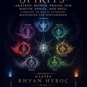 May include: A book cover titled Olympic Spirits: Aratron, Bethor, Phaleg, Och, Hagith, Ophiel, and Phul, Arbatel de Magia Veterum: Mastering the Heptameron by Master Rhyan Hyroc. It features seven glowing sigils in a circle around a central star.