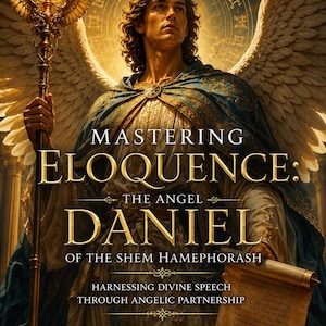 May include: A book cover titled Mastering Eloquence: The Angel Daniel of the Shem Hamephorash by Rhyan Hyroc. It features a winged figure holding a glowing staff and a scroll, set against a golden circular background with Hebrew-style lettering.