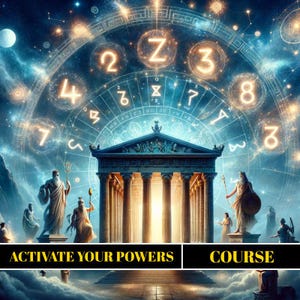 May include: Digital art depicting a celestial scene with a zodiac wheel, numbers, and symbols. A classical temple with statues stands below the wheel. The text "ACTIVATE YOUR POWERS" and "COURSE" are at the bottom of the image.
