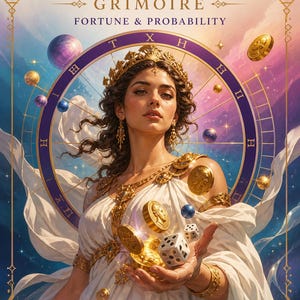 May include: An illustration of a woman in a white gown and gold jewelry, holding dice and coins. The image is titled "Greek God Tyche Grimoire: Fortune & Probability" with text by Master Teacher Rhyan Hyroc.