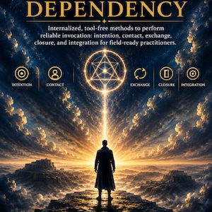 May include: A book cover titled INVOKE WITHOUT RITUAL DEPENDENCY by Rhyan Hyroc. It features a figure standing on a cliff edge facing a glowing geometric symbol in a cloudy sky. Text includes subheadings and the Terra Incognita Academy logo.
