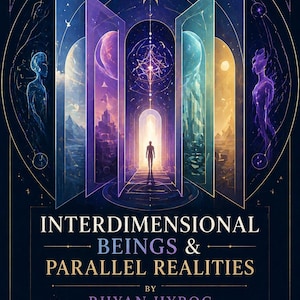 May include: Digital art print titled "Interdimensional Beings & Parallel Realities" by Rhyan Hyroc. The image shows a person walking towards a light, framed by portals with celestial and architectural elements, in shades of blue, purple, and gold.