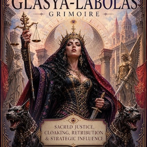 May include: A digital illustration of a grimoire titled "Demon Glasya-Labolas". The cover features a woman in a crown holding scales, flanked by statues and demonic dogs. Text includes "Sacred Justice, Cloaking, Retribution & Strategic Influence".