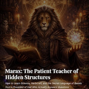 May include: A book cover illustration depicting a lion-headed figure in a dark robe, holding a glowing orb and an open book. The title is "Marax: The Patient Teacher of Hidden Structures." The text describes the book's subject matter and author.