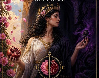 May include: A book cover titled GREEK GODDESS PERSEPHONE GRIMOIRE: DESCENT, REBIRTH & SACRED POWER by Master Teacher Rhyan Hyroc. It features a woman with a gold crown holding a pomegranate, surrounded by pink flowers and purple smoke.