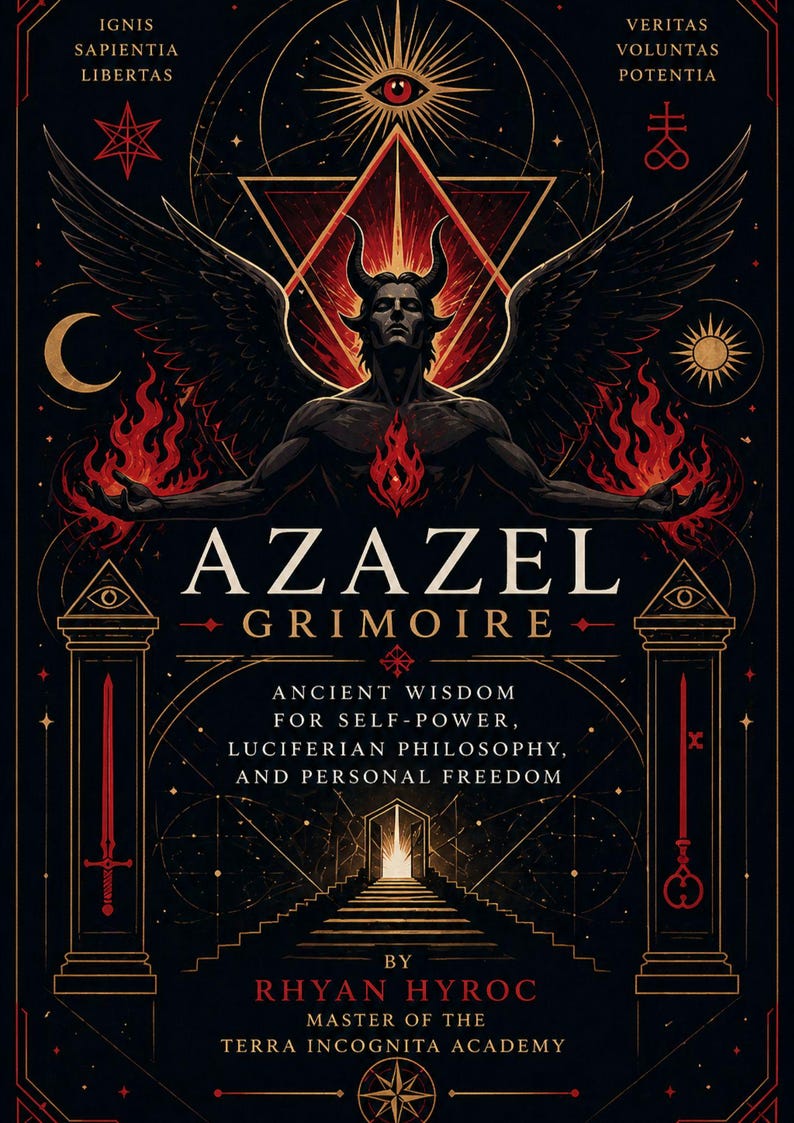May include: A book cover with a dark, mystical design. It features a central figure with horns and wings, surrounded by flames and geometric shapes. The title "AZAZEL GRIMOIRE" is prominently displayed, along with text about ancient wisdom and self-power.