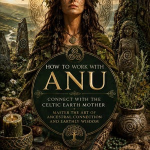 May include: A book cover titled How to Work with Anu: Connect with the Celtic Earth Mother by Rhyan Hyroc. The image features a woman with a crown of leaves, a circular Celtic design, a lit green candle, and a stone statue in a forest setting.