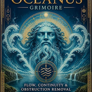 May include: A dark blue book cover titled GREEK GOD OCEANUS GRIMOIRE. The cover features a central illustration of a bearded man emerging from ocean waves, surrounded by gold geometric borders, symbols, and the text FLOW, CONTINUITY & OBSTRUCTION REMOVAL.
