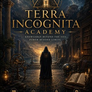 May include: A poster titled Terra Incognita Academy featuring a hooded figure standing before a stone archway. The scene includes ancient ruins, a sunlit horizon, an open book, a globe, and text detailing knowledge, spiritual mastery, and community.