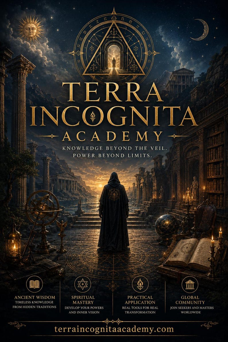 May include: A poster titled Terra Incognita Academy featuring a hooded figure standing before a stone archway. The scene includes ancient ruins, a sunlit horizon, an open book, a globe, and text detailing knowledge, spiritual mastery, and community.