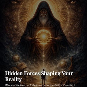 Puede incluir: Ilustración de una figura con túnica sosteniendo un orbe brillante, con el texto "Hidden Forces Shaping Your Reality". La imagen presenta un tema místico con ojos y elementos celestiales, y el texto "Why your life feels controlled—and what is actually influencing it."