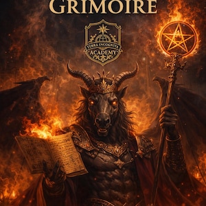 Puede incluir: Ilustración digital de una figura demoníaca sosteniendo un báculo con un pentagrama y un libro abierto. La imagen presenta el texto "OROBAS GRIMOIRE" y "TERRA INCOGNITA ACADEMY". Los colores predominantes son naranja y negro.