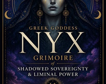 May include: A rectangular book cover titled Greek Goddess Nyx Grimoire of Shadowed Sovereignty & Liminal Power by Master Teacher Rhyan Hyroc. The cover features a dark-haired figure with a crescent moon on their forehead, set against a purple night sky with moon phases, gold celestial accents, and a landscape silhouette.