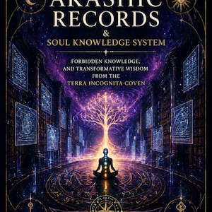 Könnte beinhalten: Buchcover für "The Akashic Records & Soul Knowledge System" mit einer meditierenden Figur unter einem leuchtenden Baum. Das Cover ist dunkel mit goldenen Akzenten, Himmelsbildern und dem Namen des Autors, Rhyan Hyroc.