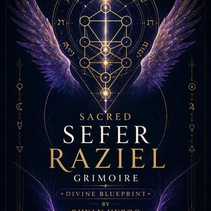 May include: A digital illustration of a book cover for "Sacred Sefer Raziel Grimoire." The design features gold geometric shapes, stylized purple wings, and text in gold and white against a dark blue background. The author's name is Rhyan Hyroc.