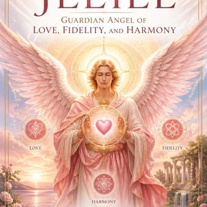 Könnte beinhalten: Ein Buchcover mit dem Titel JELIEL Guardian Angel of Love, Fidelity, and Harmony von Rhyan Hyroc, Master of Terra Incognita Academy. Es zeigt eine zentrale geflügelte Figur in rosa und weißen Gewändern, die ein leuchtendes Herz in einem goldenen Kreis hält.