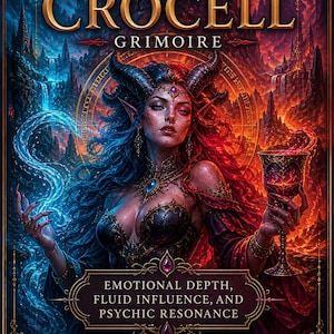May include: A book cover titled Demon Crocell Grimoire featuring a horned figure with blue and red hair, holding a glowing blue liquid and a red goblet. Text includes Emotional Depth, Fluid Influence, and Psychic Resonance by Master Teacher Rhyan Hyroc.